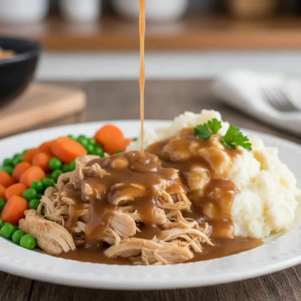 Shredded chicken and creamy gravy poured over mashed potatoes, with a side of carrots and peas, showcasing a Chicken and Gravy Slow Cooker recipe.