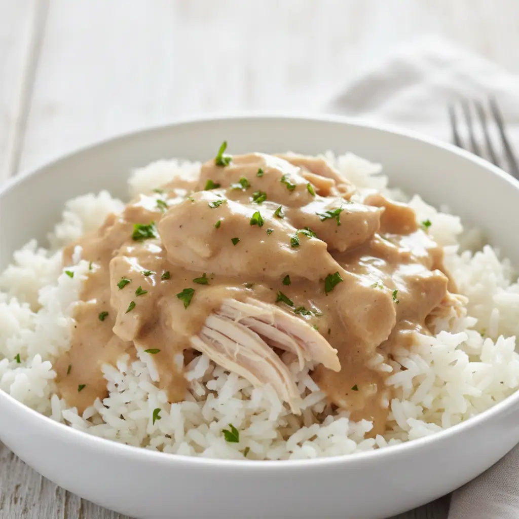 Shredded chicken and creamy gravy served over a bed of fluffy white rice, showcasing the Chicken and Gravy Slow Cooker recipe.