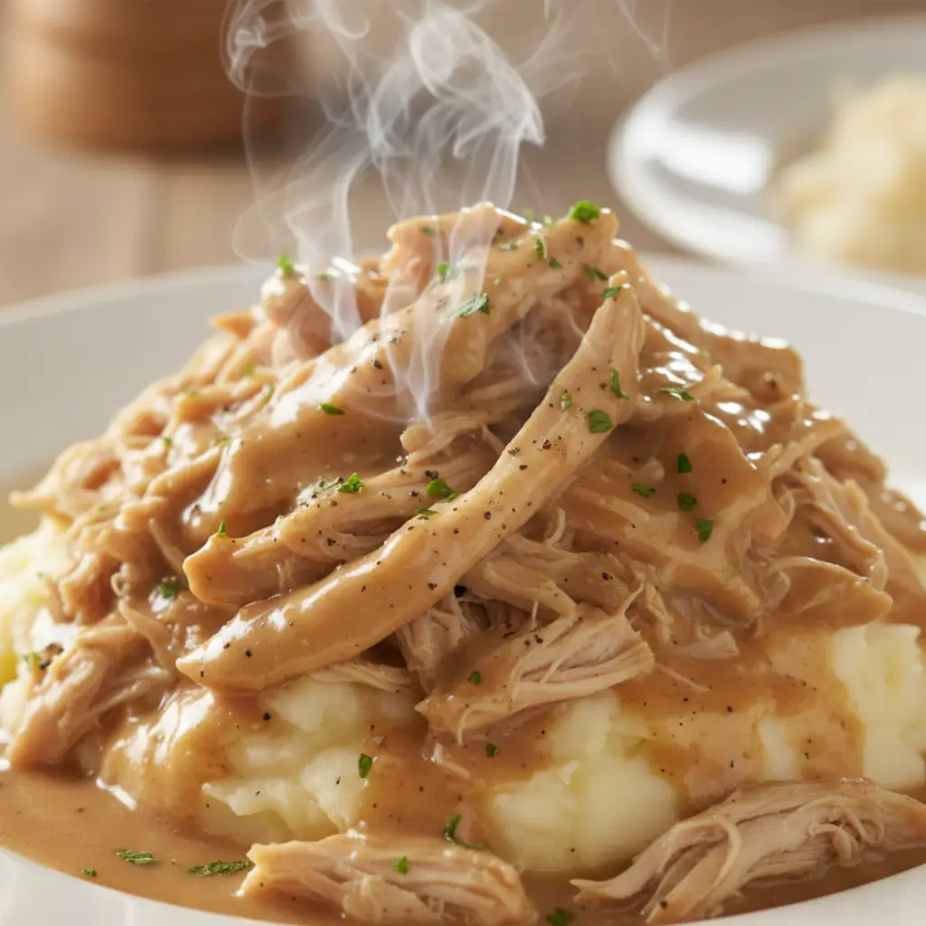 Shredded chicken topped with rich gravy, served over creamy mashed potatoes, showcasing a delicious Chicken and Gravy Slow Cooker recipe.