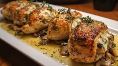 Cheesy Garlic Butter Mushroom Stuffed Chicken served on a white plate with fresh thyme and mushrooms.