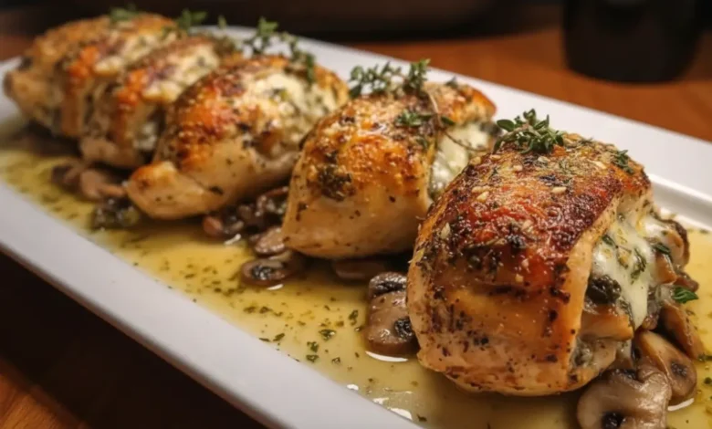 Cheesy Garlic Butter Mushroom Stuffed Chicken served on a white plate with fresh thyme and mushrooms.