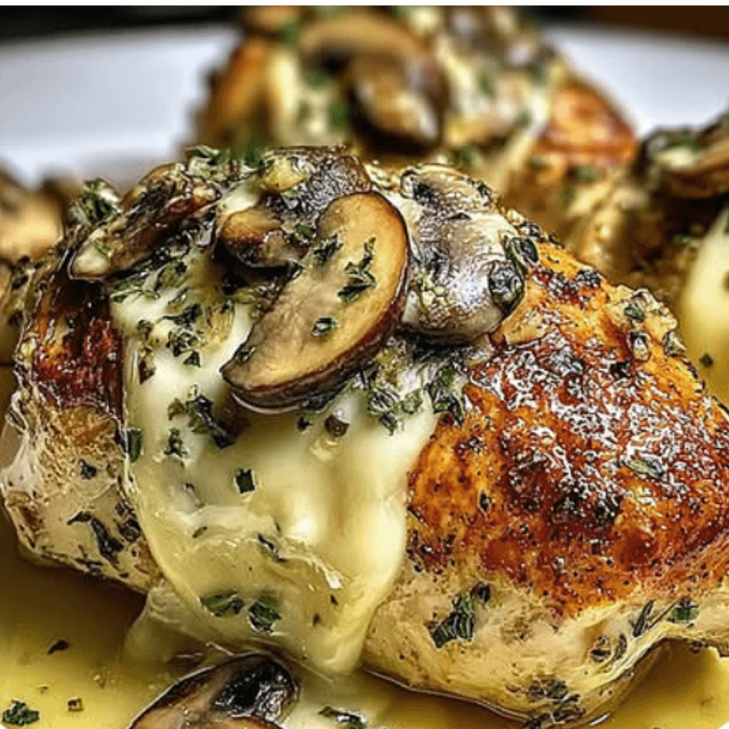 Cheesy Garlic Butter Mushroom Stuffed Chicken with melted cheese, sautéed mushrooms, and fresh herbs.