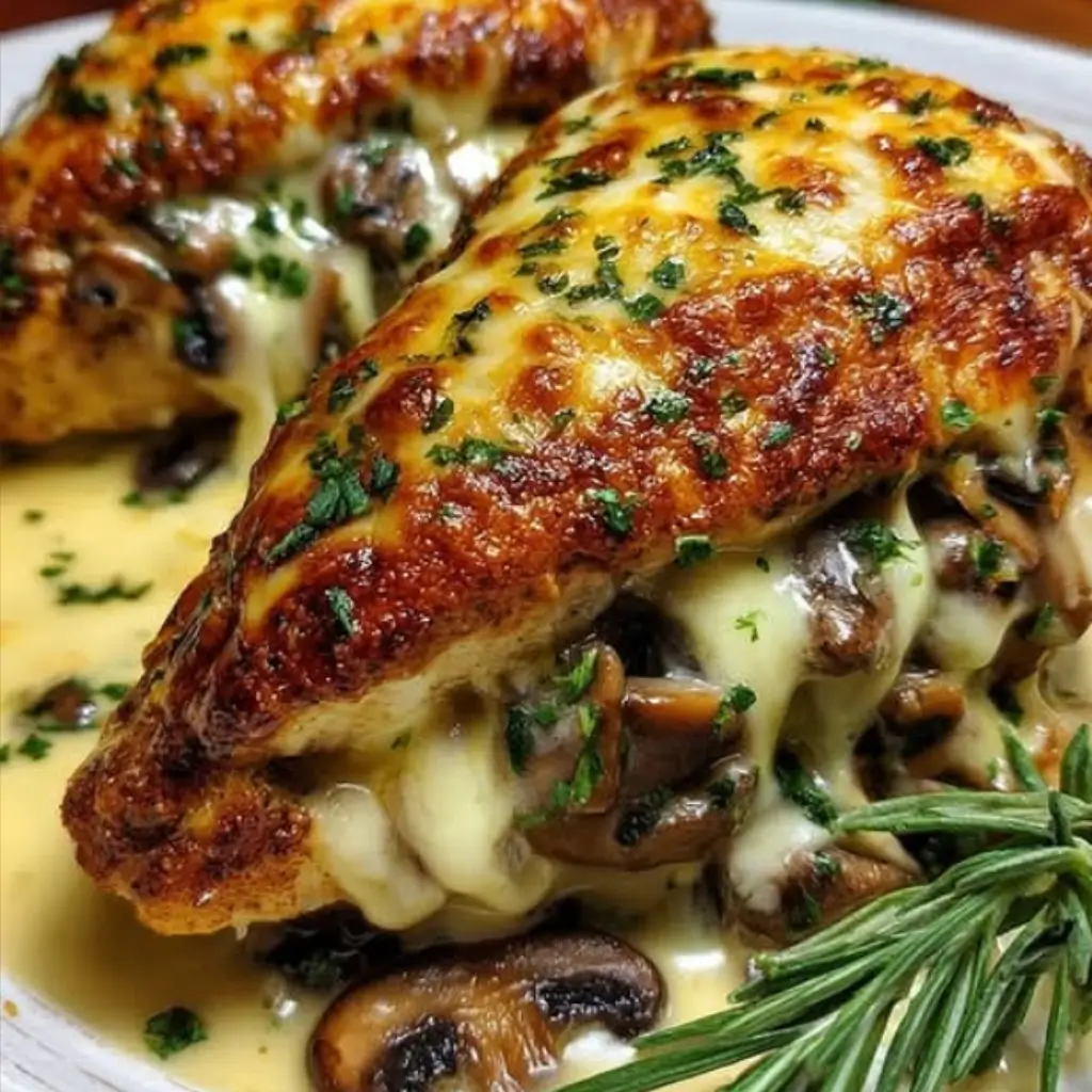 Cheesy Garlic Butter Mushroom Stuffed Chicken with melted cheese, mushrooms, and fresh parsley.