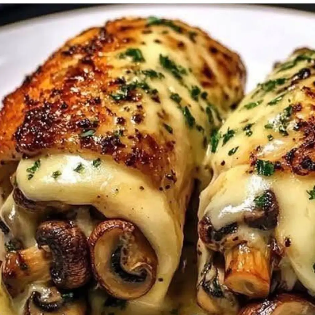 Close-up of Cheesy Garlic Butter Mushroom Stuffed Chicken with melted cheese, mushrooms, and herbs.