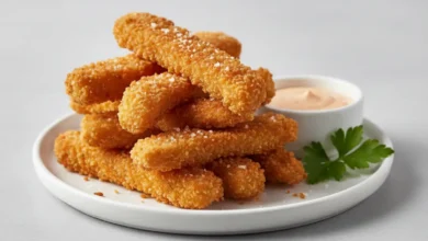 Crispy fried chicken fries stacked on a white plate with creamy dipping sauce.