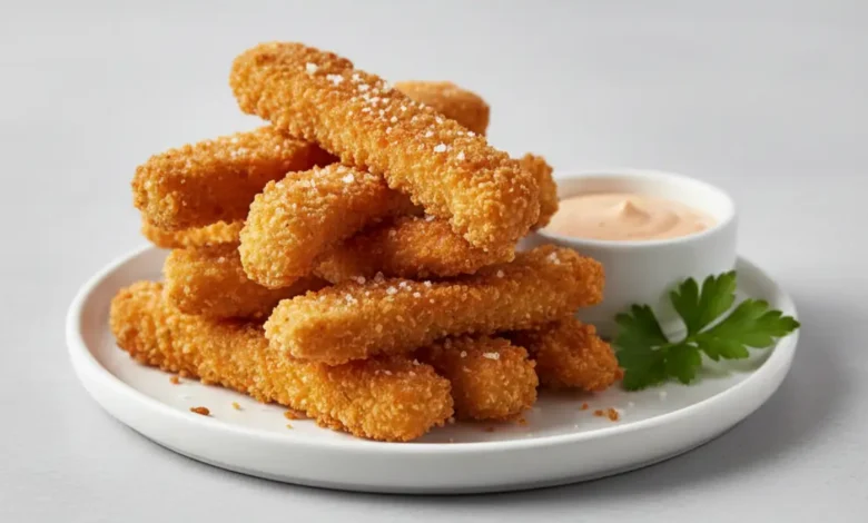 Crispy fried chicken fries stacked on a white plate with creamy dipping sauce.