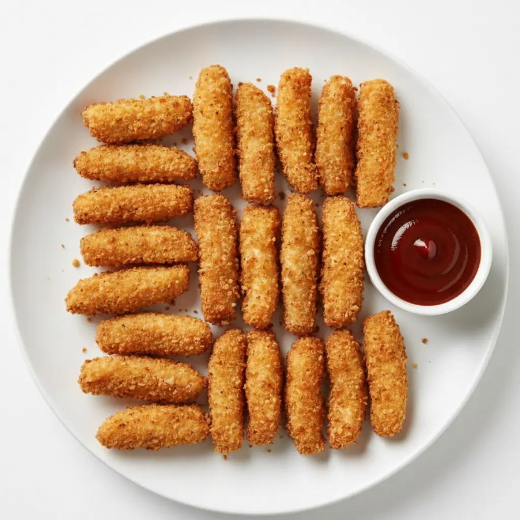 Crispy fried chicken fries on a white plate with ketchup dipping sauce (overhead view).
