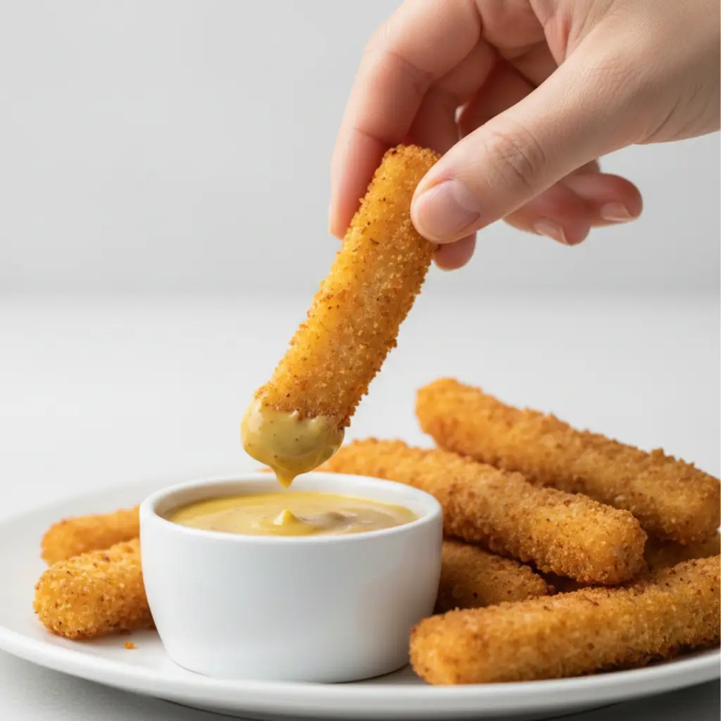 Hand dipping a crispy fried chicken fry into a creamy dipping sauce on a white plate.