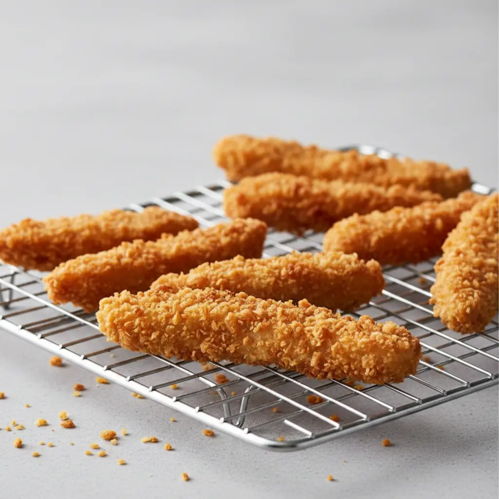 Crispy fried chicken fries cooling on a wire rack with some breading crumbs scattered around.
