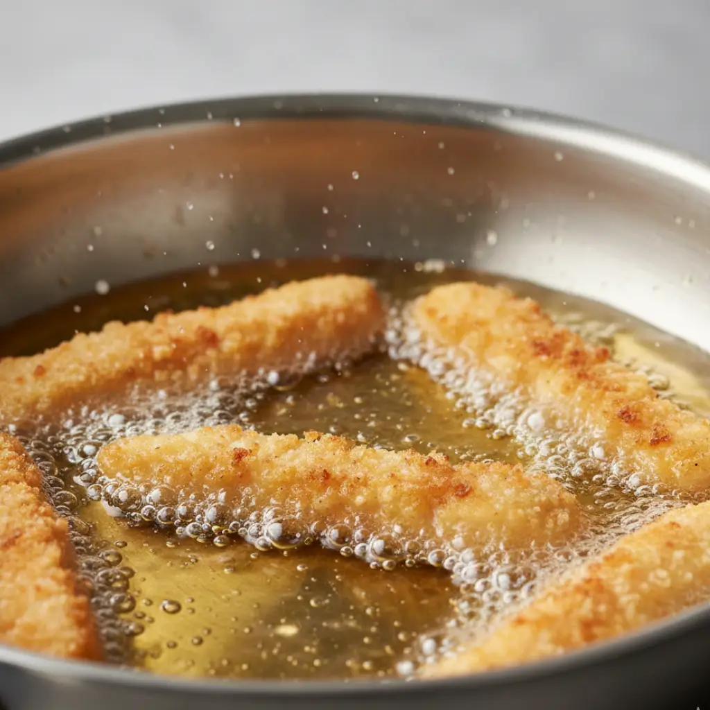 Breaded chicken fries frying in hot oil in a stainless pan with bubbling edges.