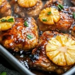 Baked Huli Huli Chicken thighs in a pan with sticky pineapple soy glaze, topped with pineapple rings and green onions.