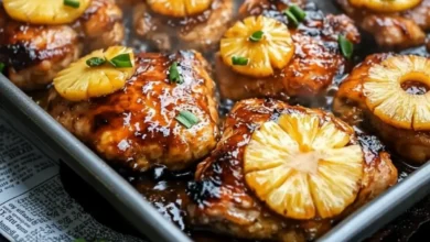 Baked Huli Huli Chicken thighs in a pan with sticky pineapple soy glaze, topped with pineapple rings and green onions.