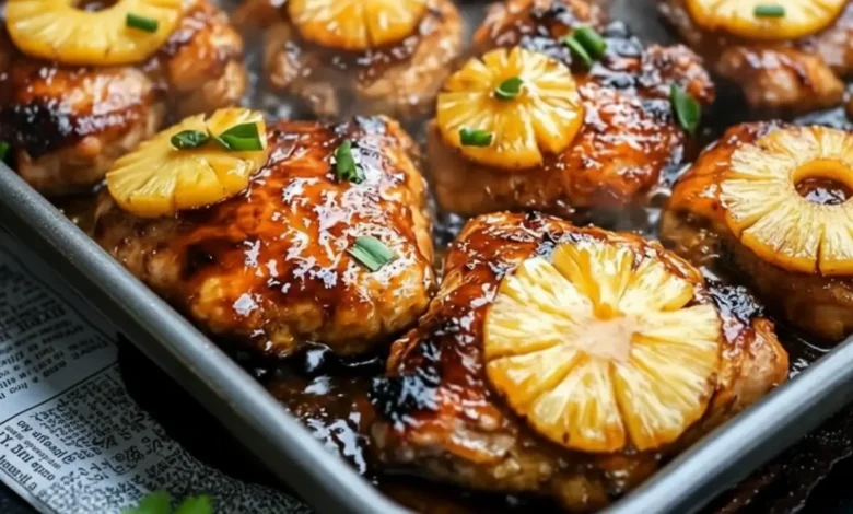 Baked Huli Huli Chicken thighs in a pan with sticky pineapple soy glaze, topped with pineapple rings and green onions.