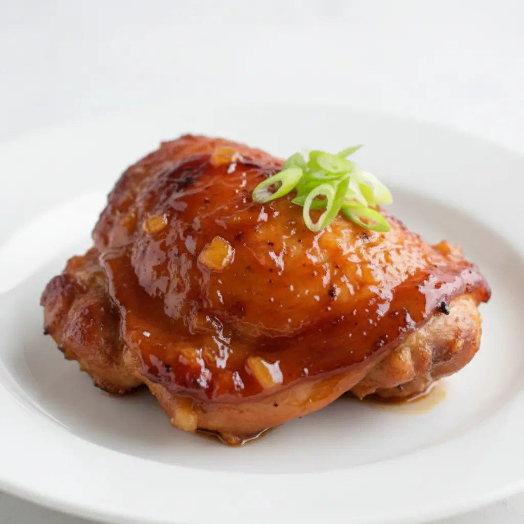Single serving of Baked Huli Huli Chicken with glossy pineapple soy glaze, topped with sliced green onions on a white plate.