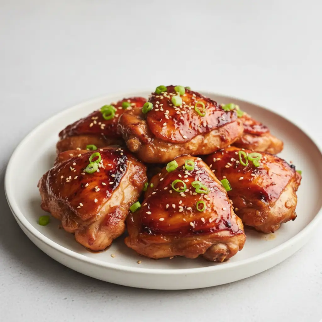 Baked Huli Huli Chicken thighs with glossy pineapple soy glaze, topped with sesame seeds and sliced green onions on a white plate.
