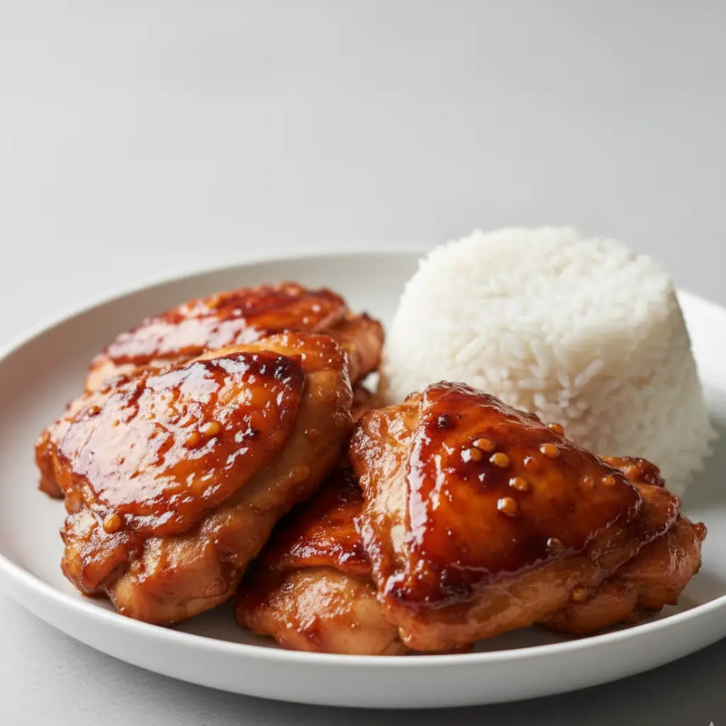 Baked Huli Huli Chicken thighs glazed in pineapple soy sauce served with steamed white rice on a white plate.