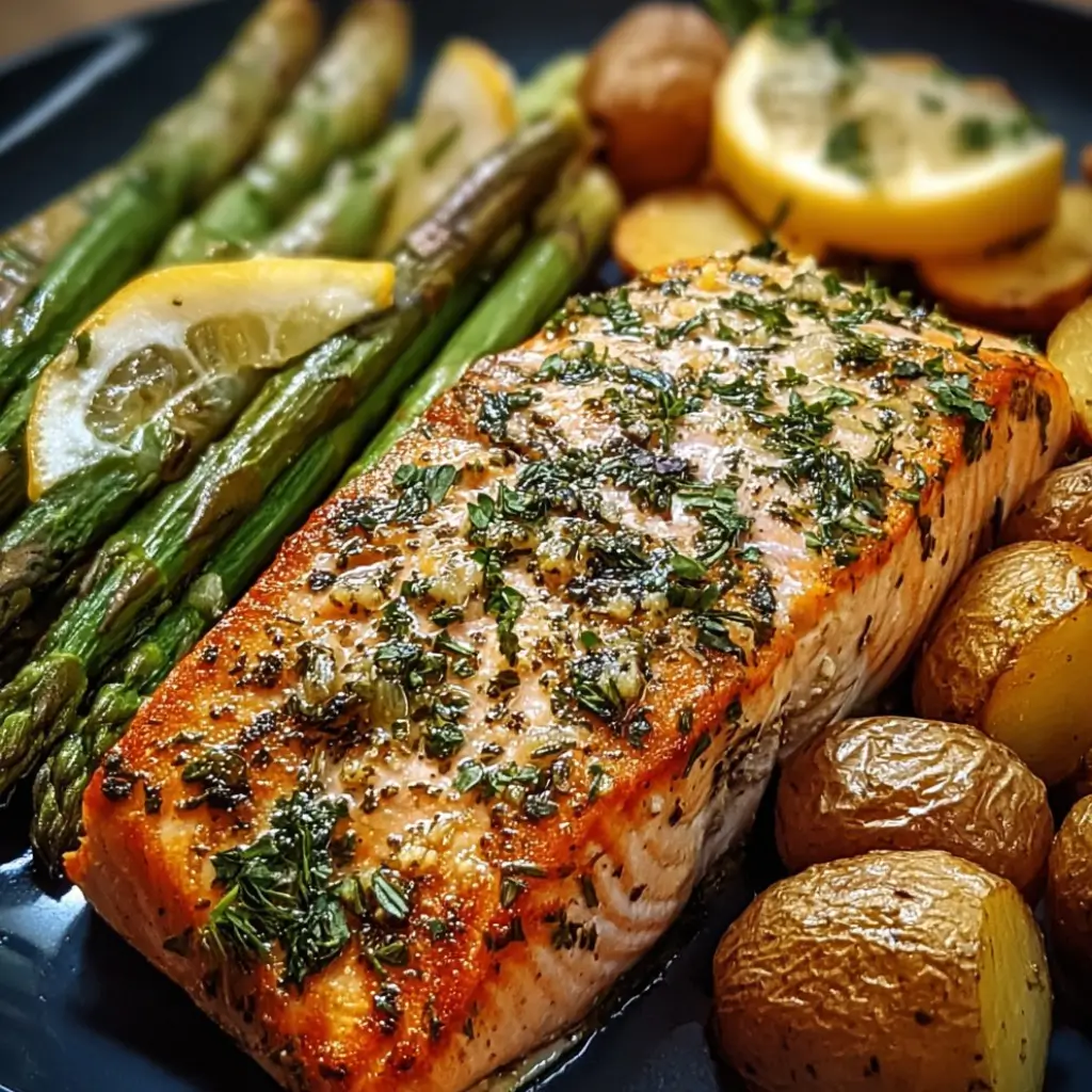 Sheet Pan Salmon and Asparagus with Potatoes – roasted salmon fillet with garlic and herbs, golden baby potatoes, and vibrant asparagus with a slice of lemon.