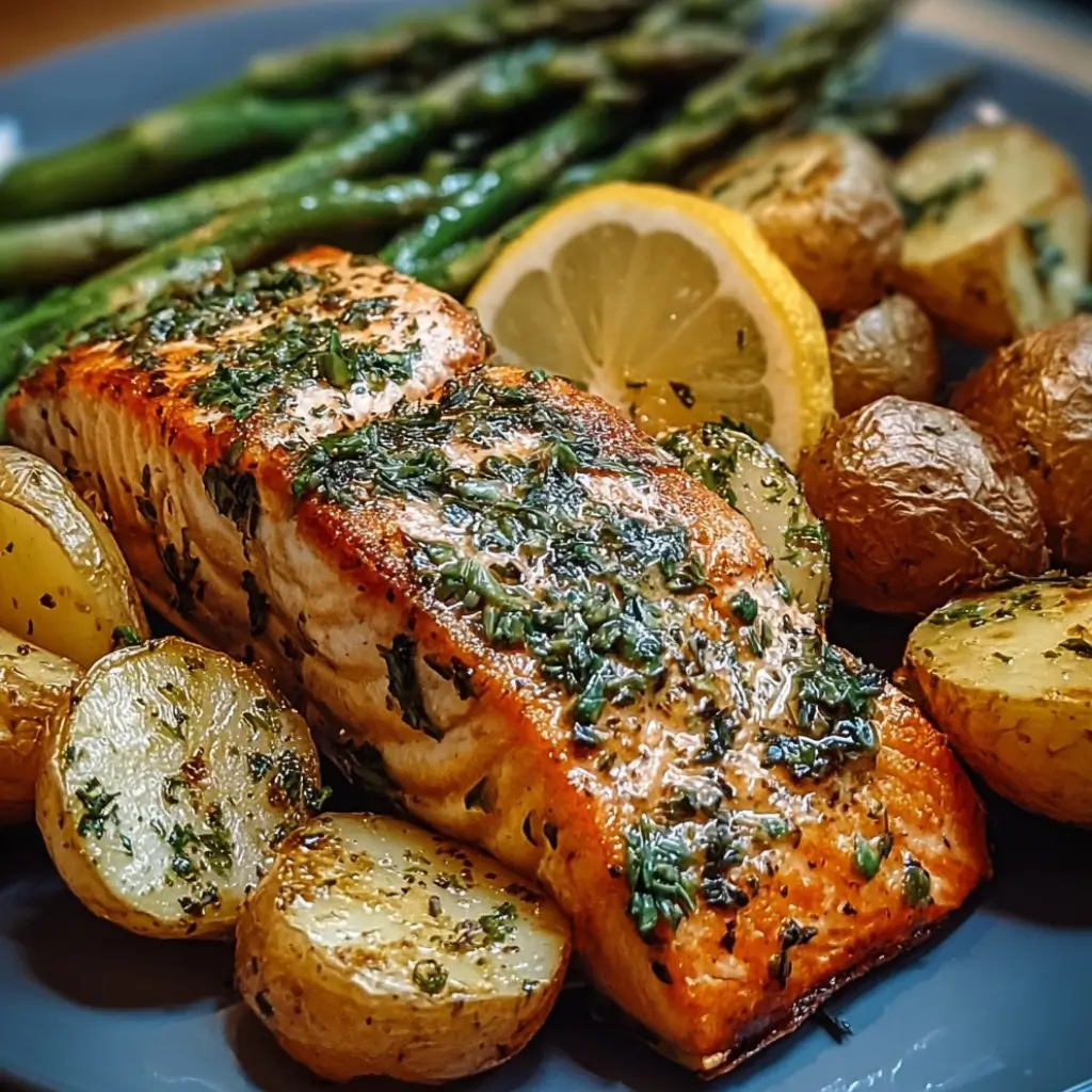Sheet Pan Salmon and Asparagus with Potatoes – roasted salmon fillet with garlic and herbs, golden baby potatoes, and vibrant asparagus with a slice of lemon.