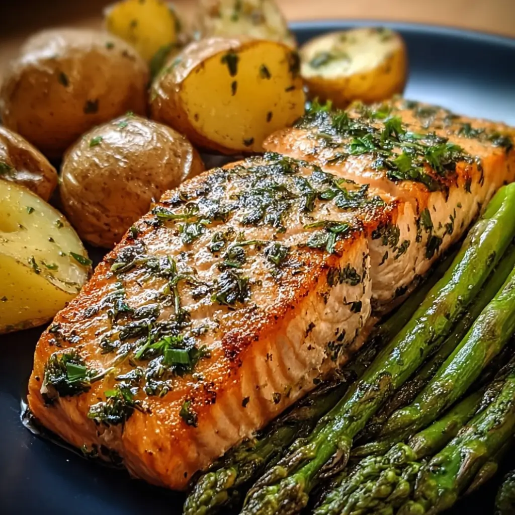 Sheet Pan Salmon and Asparagus with Potatoes - perfectly roasted salmon, baby potatoes, and fresh asparagus on a blue plate, garnished with herbs.