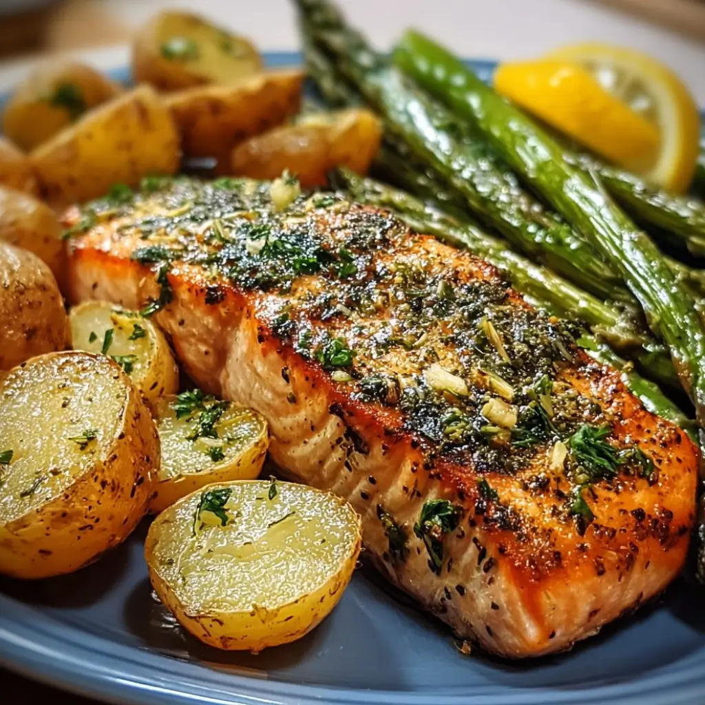 Sheet Pan Salmon and Asparagus with Potatoes – roasted salmon fillet with garlic and herbs, golden baby potatoes, and vibrant asparagus with a slice of lemon.