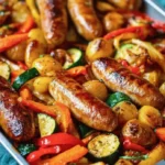 Golden pork sausages with roasted baby potatoes, carrots, zucchini, and red bell peppers in a tray bake, garnished with fresh herbs.