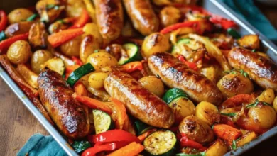 Golden pork sausages with roasted baby potatoes, carrots, zucchini, and red bell peppers in a tray bake, garnished with fresh herbs.