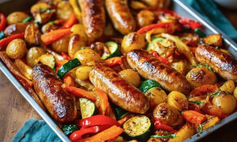 Golden pork sausages with roasted baby potatoes, carrots, zucchini, and red bell peppers in a tray bake, garnished with fresh herbs.