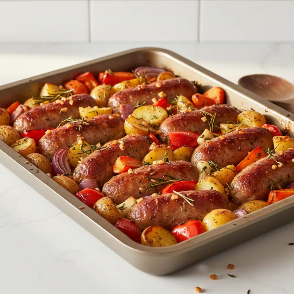 Golden-brown pork sausages roasted with baby potatoes, bell peppers, carrots, and zucchini in a simple one-pan tray bake.