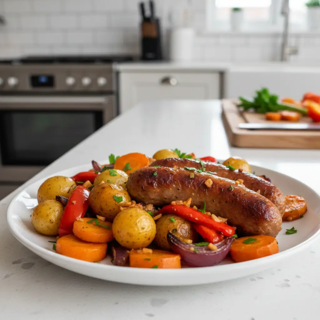 Plate of roasted Pork Sausage Tray Bake with golden sausages, baby potatoes, carrots, and red bell peppers, garnished with fresh herbs.