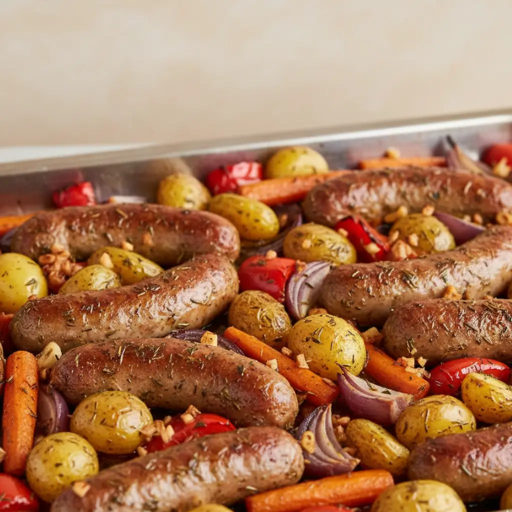 Close-up of golden pork sausages with roasted baby potatoes, carrots, red bell peppers, and onions, garnished with garlic and herbs in a tray bake.