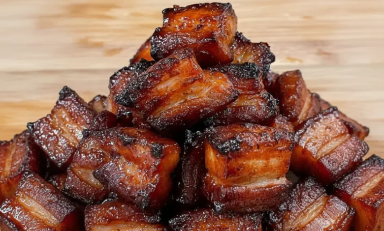 Close-up of smoked pork belly cubes with crispy edges and juicy tender interior, piled on a wooden surface.