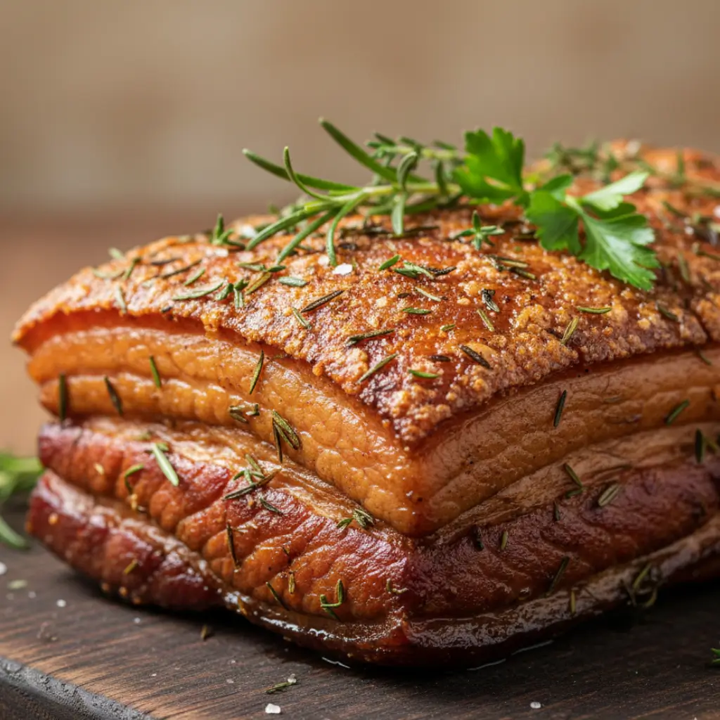 Close-up of smoked pork belly with crispy skin and tender layers, garnished with fresh rosemary and parsley."