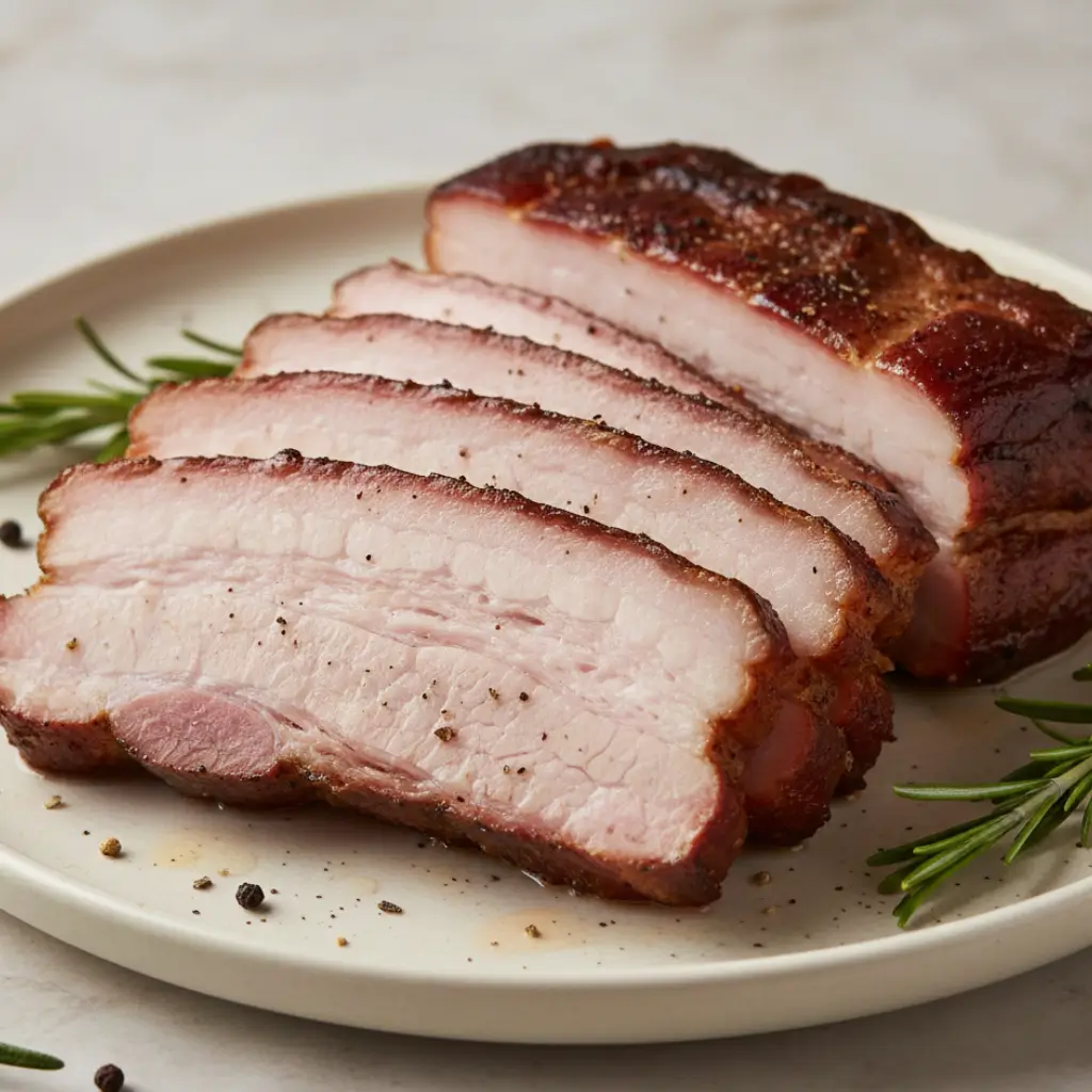 Perfectly sliced smoked pork belly with a crispy outer layer and juicy pink interior, garnished with fresh rosemary and black pepper.