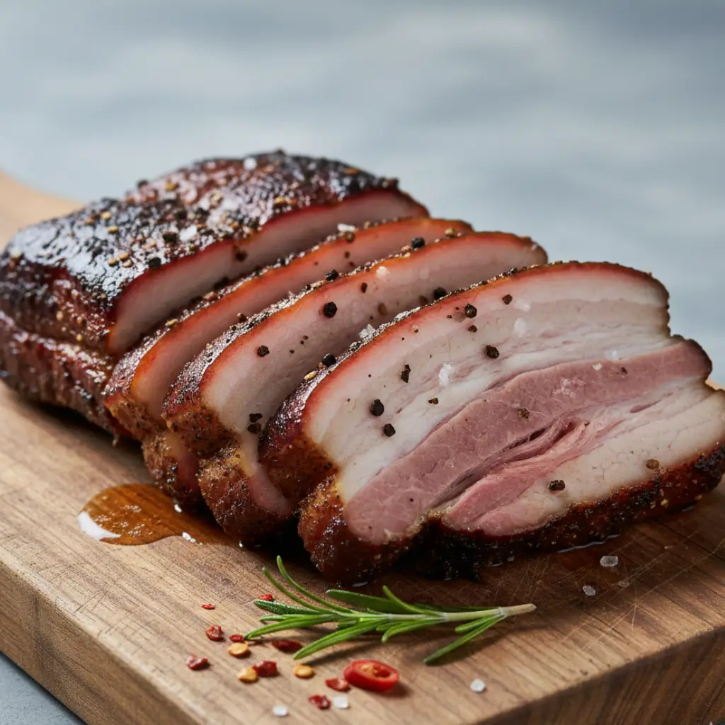 Sliced smoked pork belly with a crispy outer layer, revealing tender and juicy pink meat, garnished with black pepper, rosemary, and chili.