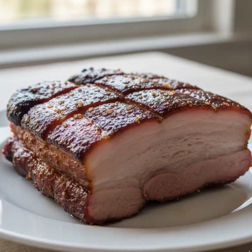Close-up of smoked pork belly with crispy, golden-brown skin, sliced into square pieces to reveal the tender pink meat inside.