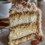 Slice of White German Chocolate Cake with creamy frosting, coconut, and pecans on a light plate, set against a warm wooden background."