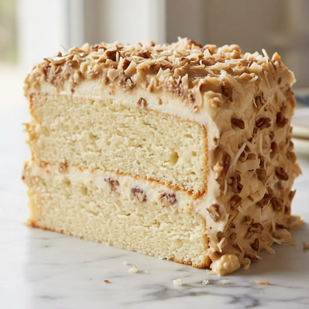 Close-up of a slice of White German Chocolate Cake with layers of creamy frosting, toasted coconut, and pecans, set on a marble countertop.