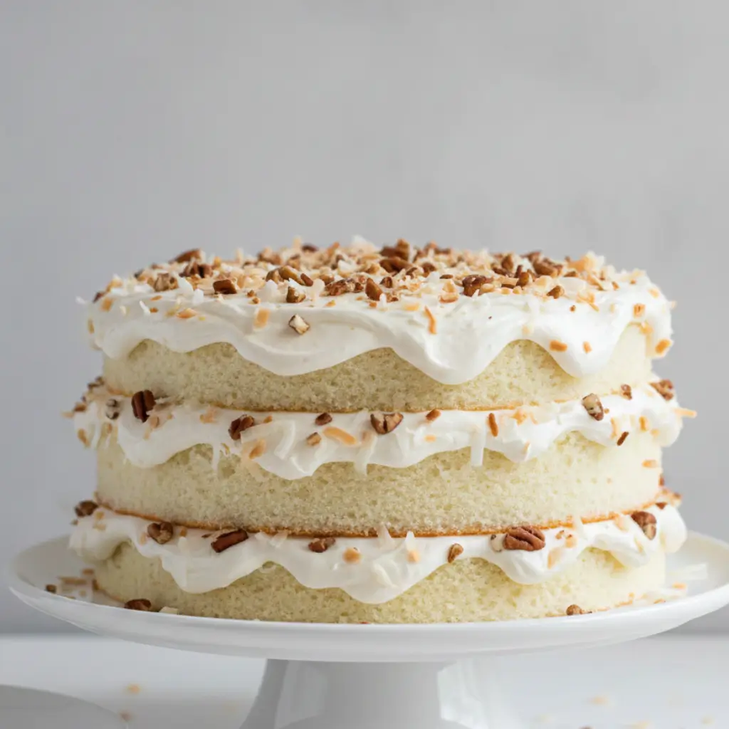 Three-layer White German Chocolate Cake with creamy frosting, topped with toasted coconut and chopped pecans, displayed on a white cake stand.