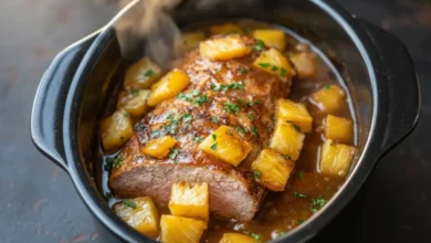 Pineapple pork roast with tender meat and sweet pineapple chunks, garnished with fresh herbs, served in a crockpot.