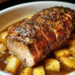 Juicy pineapple pork roast with tender slices, surrounded by caramelized pineapple chunks and savory sauce.