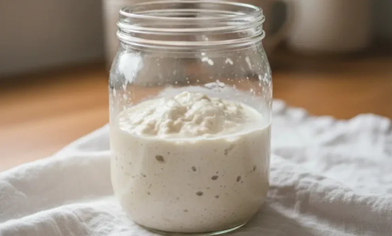 Sourdough starter in a glass jar, bubbling and fermenting on a clean kitchen cloth.