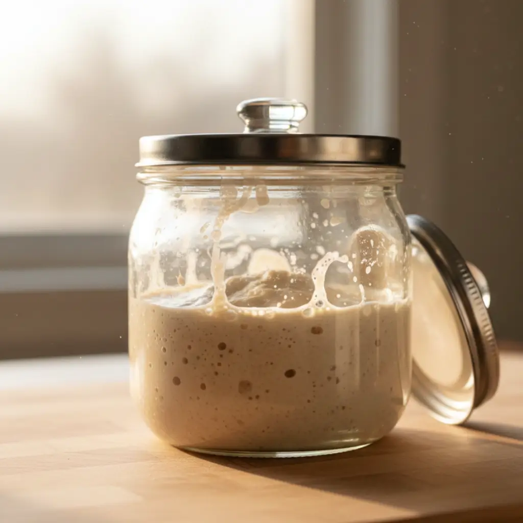 Stretching sourdough starter in a glass jar with flour in the background