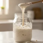 Stretching sourdough starter from a glass jar with a wooden spoon