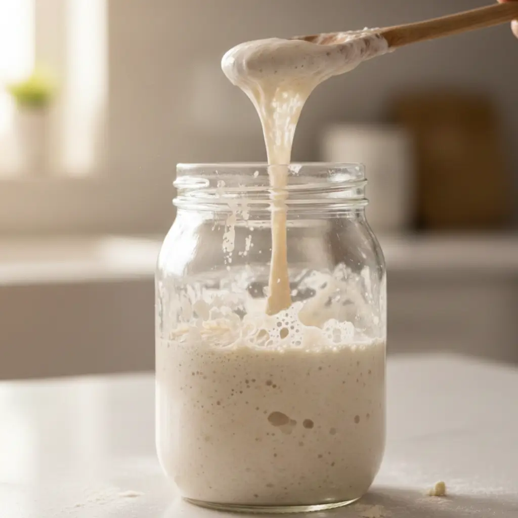Stretching sourdough starter from a glass jar with a wooden spoon
