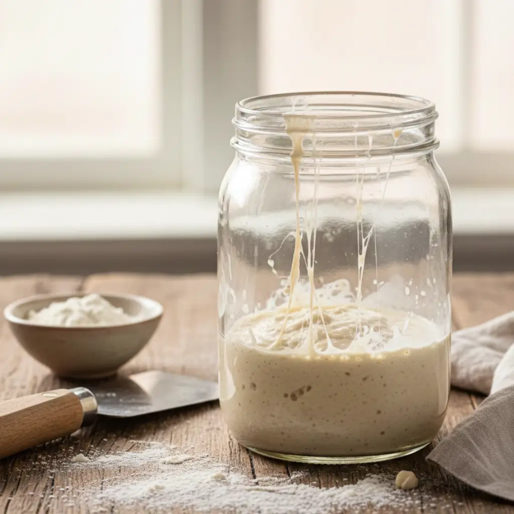 Stretching sourdough starter in a glass jar with flour in the background