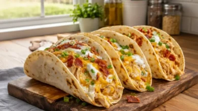 Shredded chicken tacos with cheese, bacon, sour cream, and green onions served on a wooden cutting board