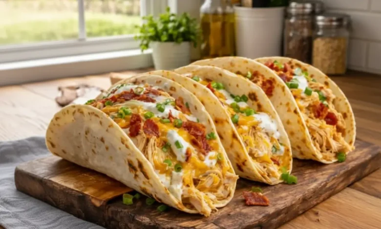 Shredded chicken tacos with cheese, bacon, sour cream, and green onions served on a wooden cutting board