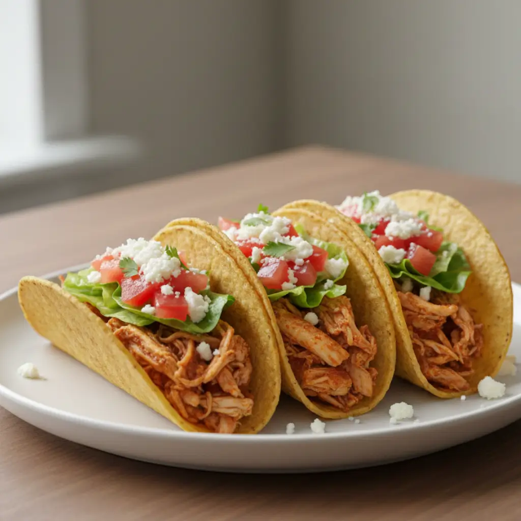 hredded chicken tacos with lettuce, tomato, and crumbled cheese on a white plate