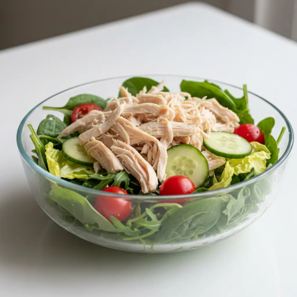 Fresh shredded chicken salad with spinach, cucumbers, and cherry tomatoes in a glass bow