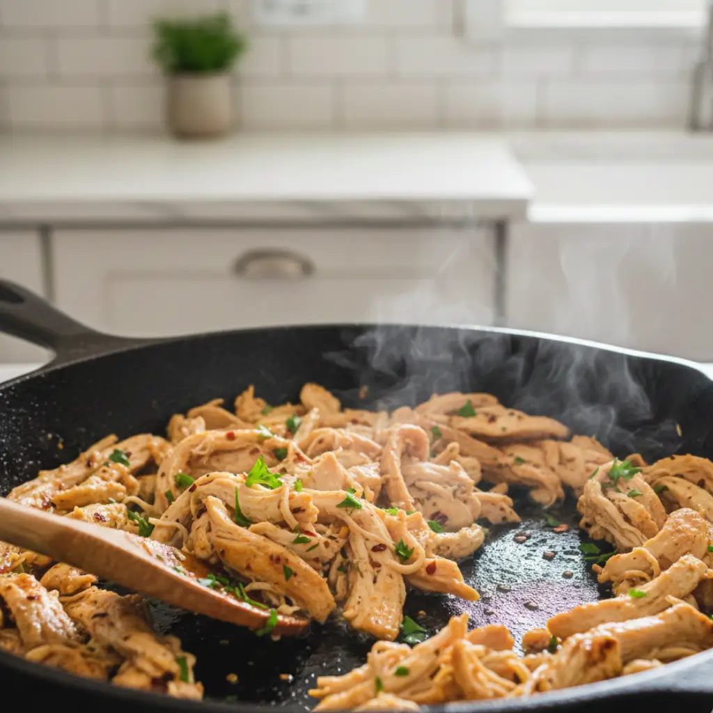 Shredded chicken being sautéed in a skillet with fresh parsley and steam rising from the pan